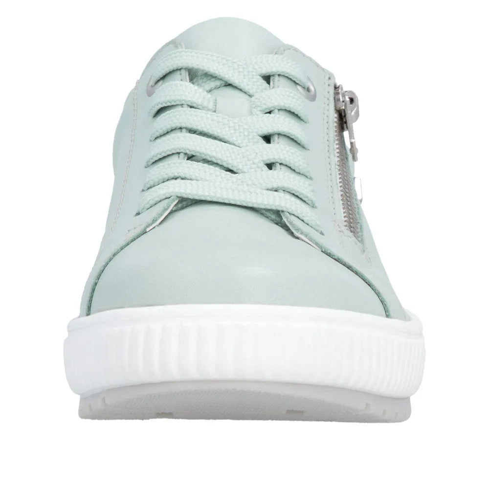 Mint leather water-resistant women's sneakers with zip and lace-up closure, white sole, and side zipper detail.