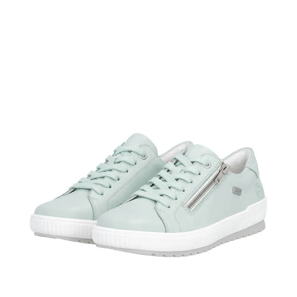 Mint leather water-resistant low-top sneakers with lace-up and side zipper detail, white soles, and soft interior.