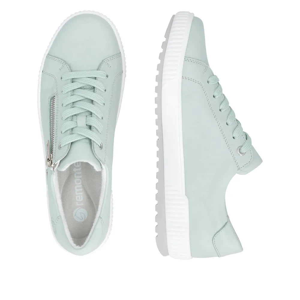 Mint leather water-resistant sneaker with zip and lace-up closure, white sole, and cushioned inner lining.