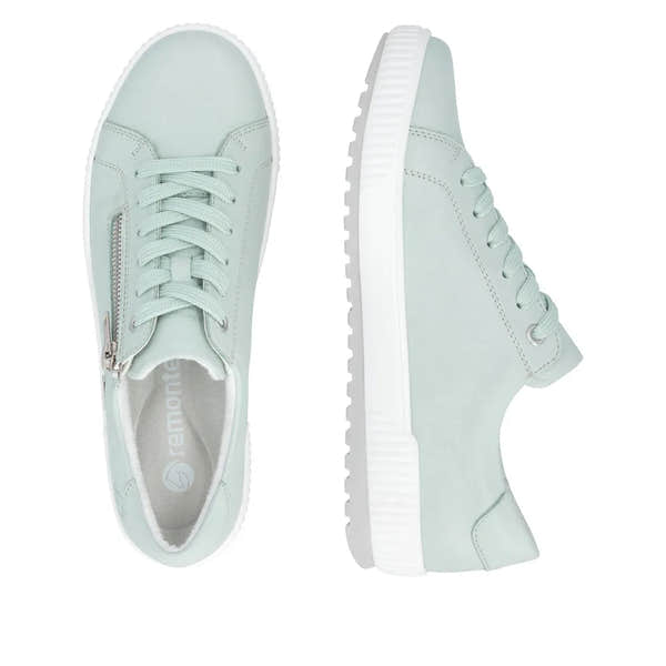 Mint leather water-resistant sneaker with zip and lace-up closure, white sole, and cushioned inner lining.