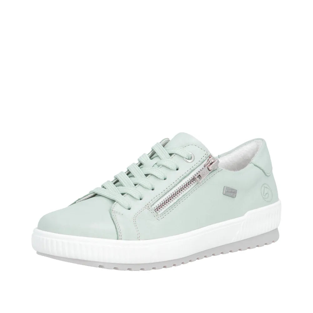 Remonte D0700-52 mint leather water-resistant women's casual shoes with lace-up, side zipper, and rubber sole.