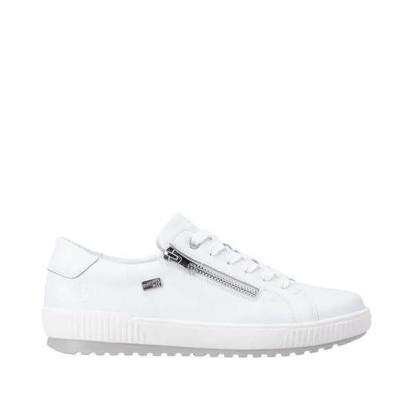 White leather water-resistant ladies' shoes with zip and lace closure, featuring a chunky sole and subtle detailing.