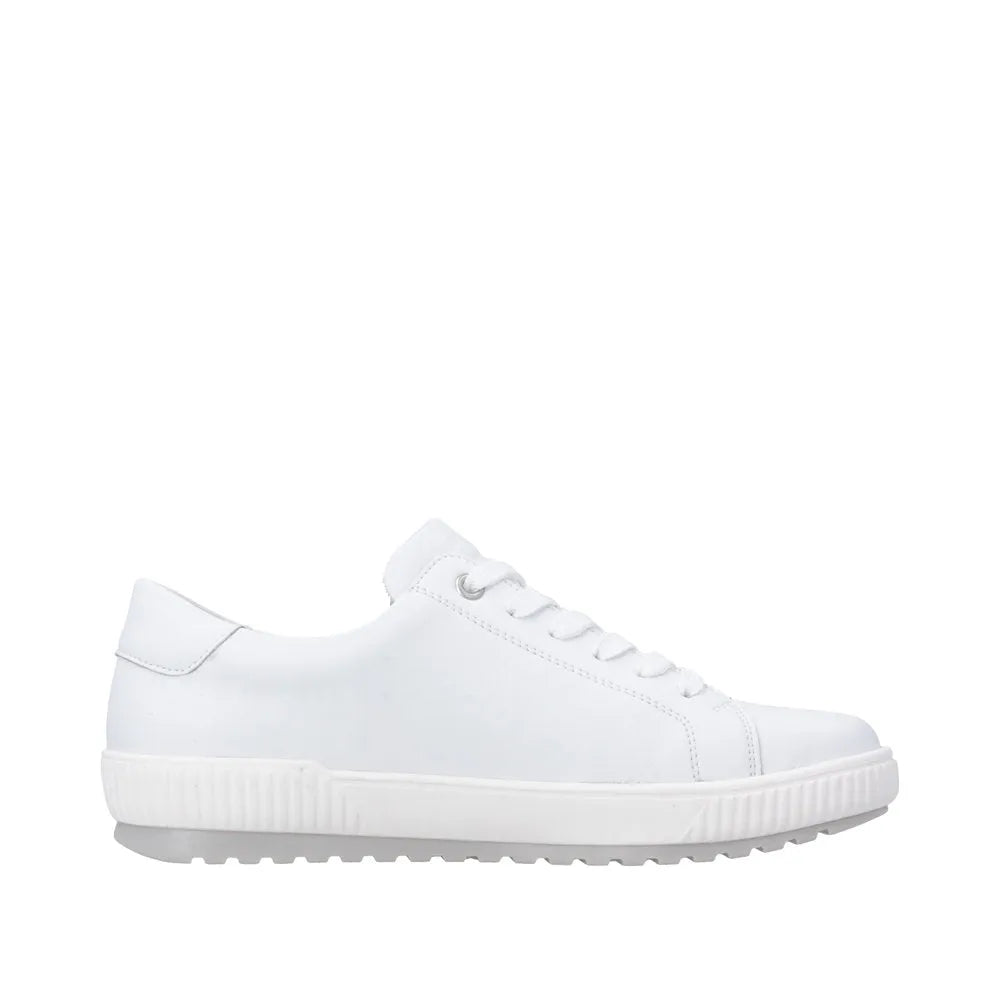 Remonte D0700-80 ladies' white leather shoes with zip and lace, water-resistant, featuring a sleek, minimalist design.