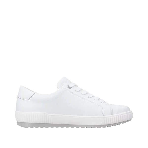 Remonte D0700-80 ladies' white leather shoes with zip and lace, water-resistant, featuring a sleek, minimalist design.