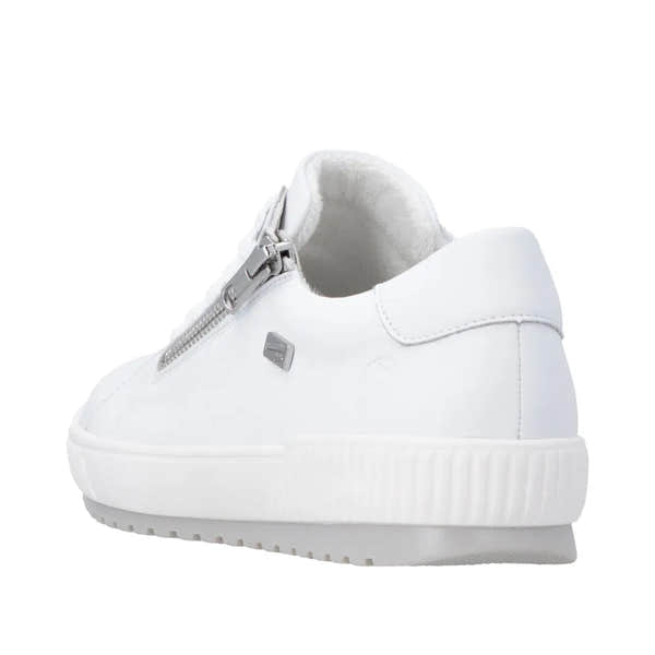 White leather ladies' shoes with zip and lace closure, water-resistant, featuring a textured rubber sole.