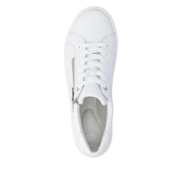 White leather ladies' shoes with lace and side zip detail, showcasing a sleek, sporty design ideal for casual wear.