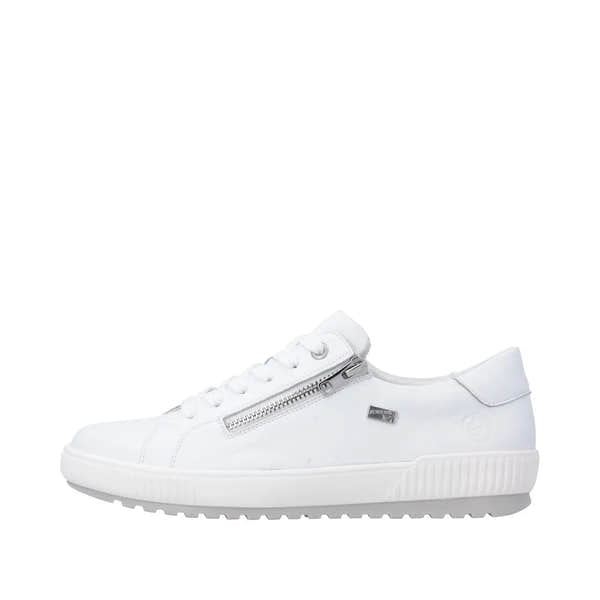 White leather water-resistant ladies' shoes featuring a zip and lace design with a textured sole.