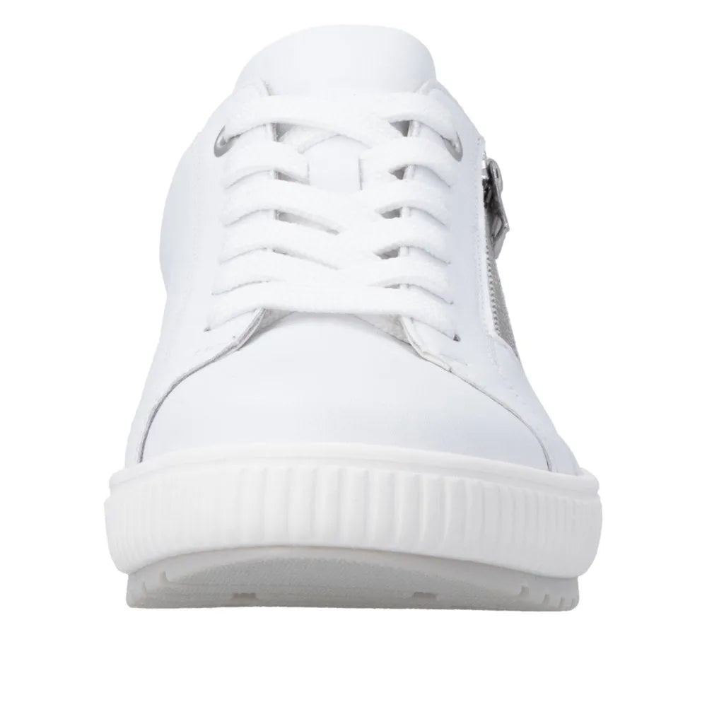White leather lace-up and zip shoes with a textured sole, stylish and water-resistant for women's casual wear.