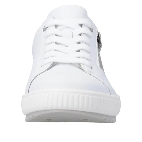 White leather lace-up and zip shoes with a textured sole, stylish and water-resistant for women's casual wear.