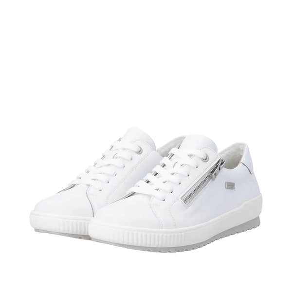 White leather zip and lace shoes with water-resistant design, featuring a chunky sole and stylish silver accents.