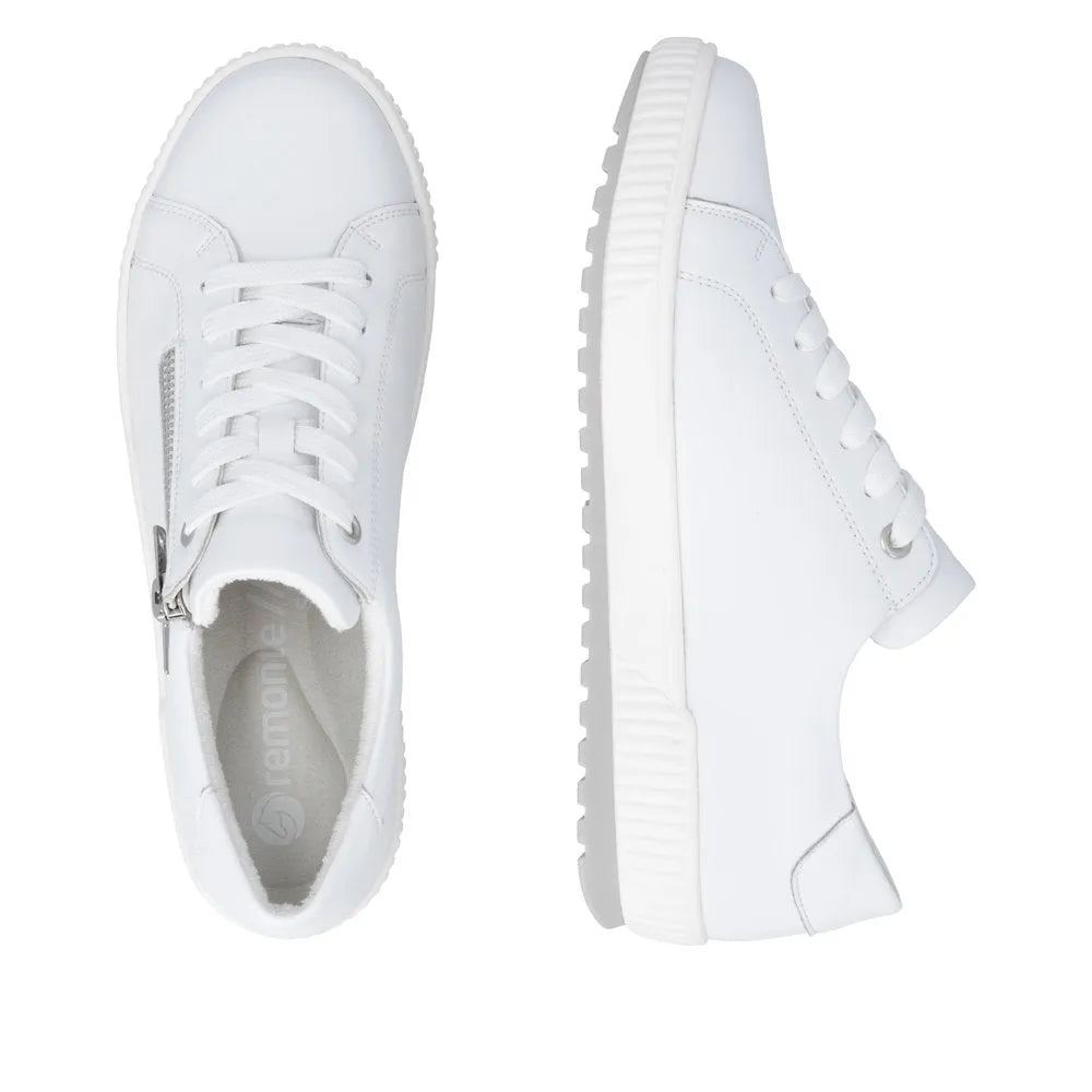 White leather zip and lace shoes, water-resistant, featuring a sleek design and a textured rubber sole.