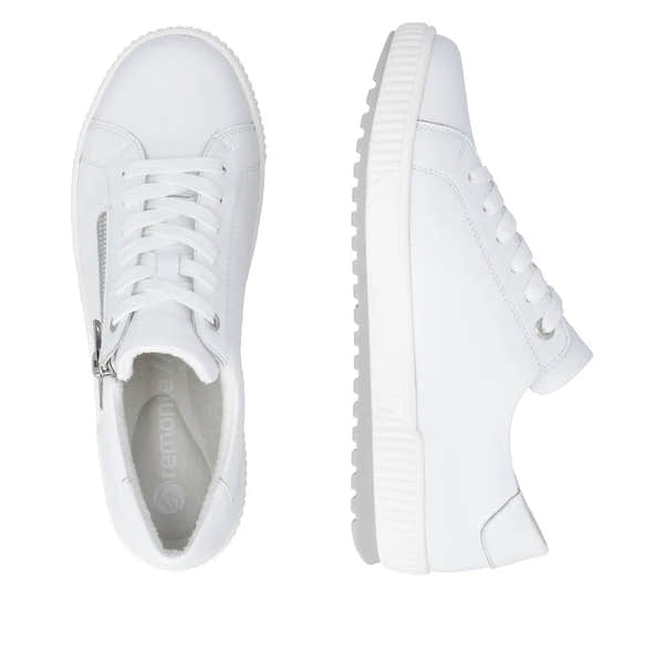 White leather zip and lace shoes, water-resistant, featuring a sleek design and a textured rubber sole.