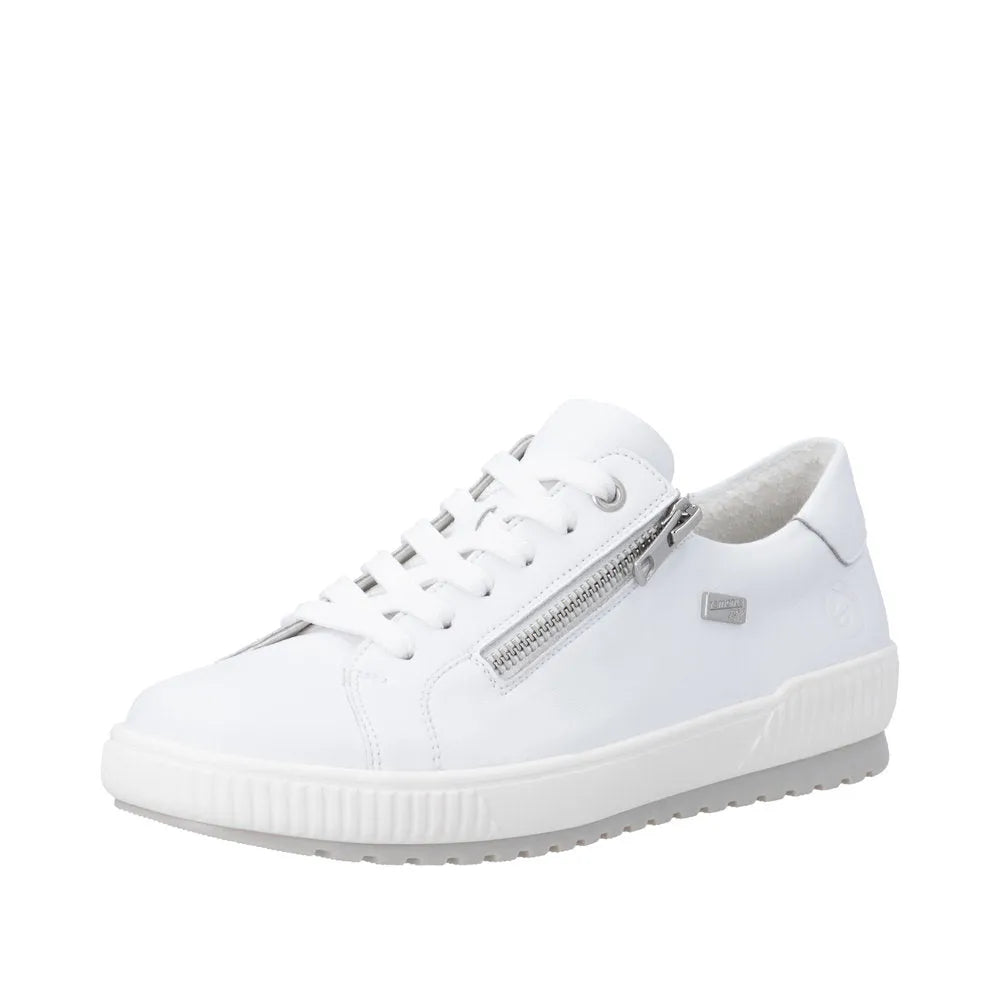 Stylish white leather zip and lace shoes with a textured sole and water-resistant design. Perfect for casual wear.