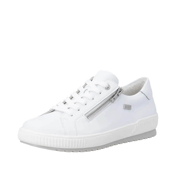 Stylish white leather zip and lace shoes with a textured sole and water-resistant design. Perfect for casual wear.