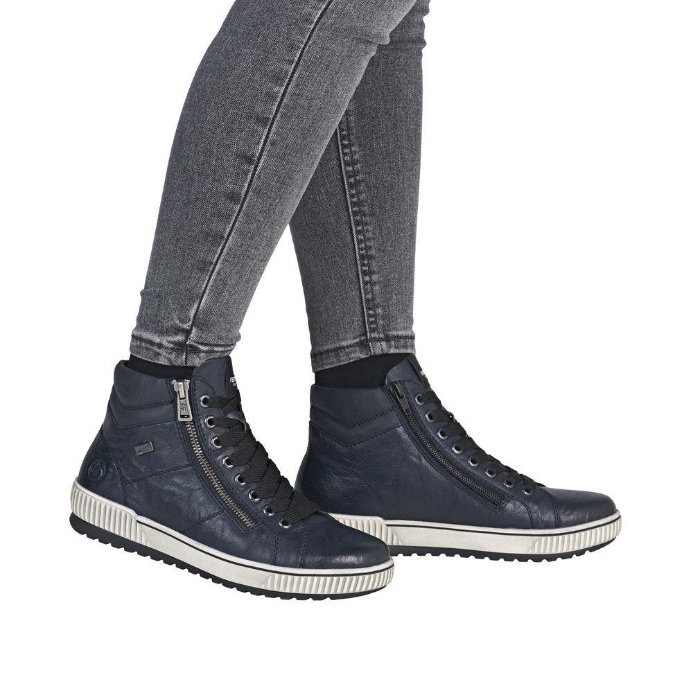 Remonte D0772-15 navy leather water-resistant ankle boots with zip and lace closure for women.