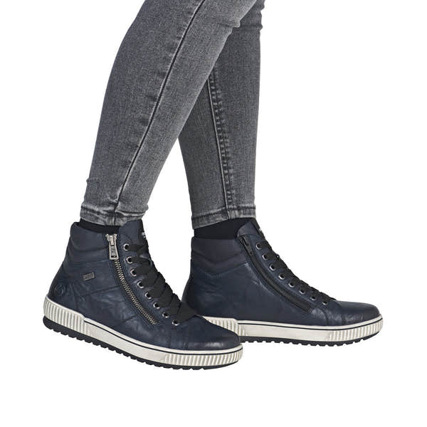Remonte D0772-15 navy leather water-resistant ankle boots with zip and lace closure for women.