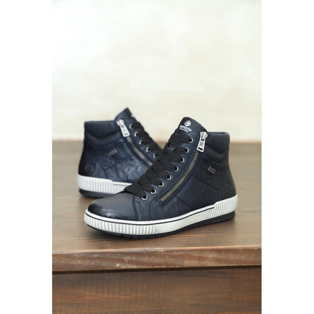 Remonte D0772-15 Women's Navy Leather Water-Resistant Ankle Boots with Zip and Lace-Up Design, White Rubber Sole.