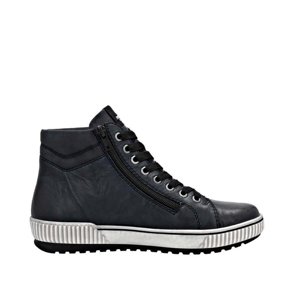 Remonte D0772-15 women's navy water-resistant leather ankle boot with zip, lace-up front, and rugged sole.