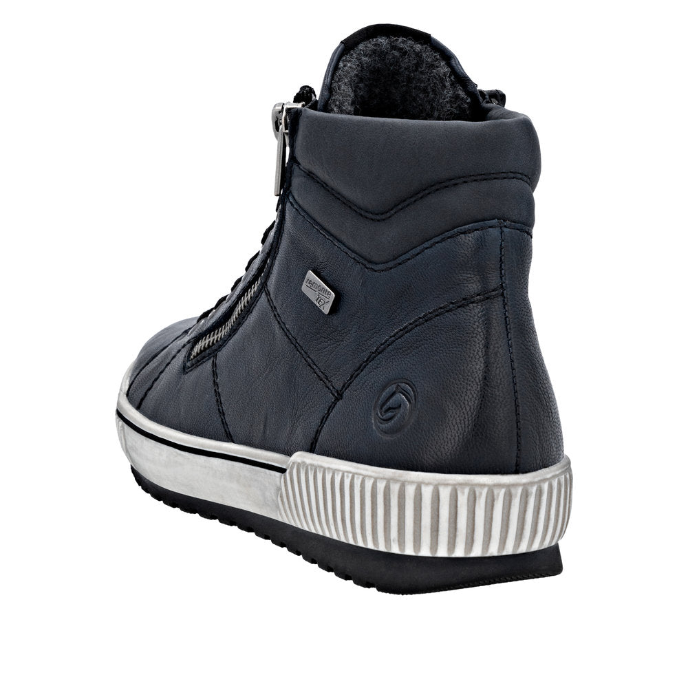 Remonte D0772-15 women's navy leather water-resistant ankle boots with zip and lace closure, cushioned collar, and textured white sole.