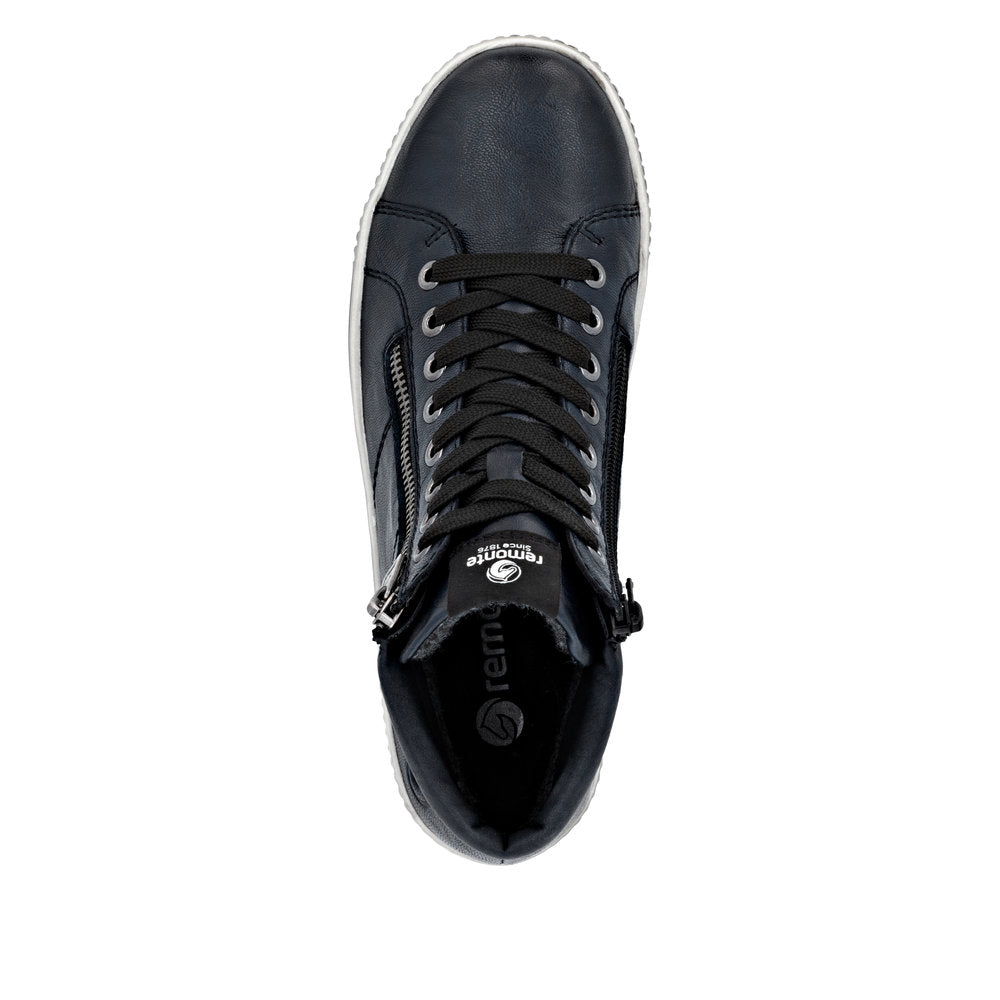Remonte D0772-15 women's navy leather ankle boots with water-resistant design, zip and lace-up closure, and stylish styling.