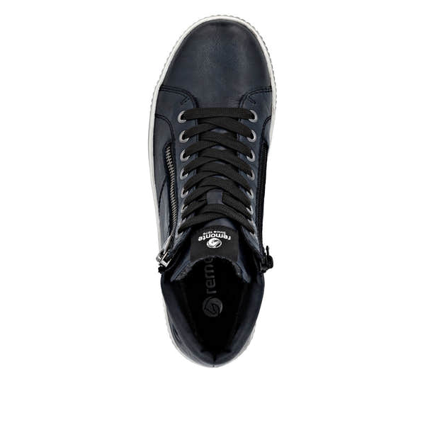 Remonte D0772-15 women's navy leather ankle boots with water-resistant design, zip and lace-up closure, and stylish styling.