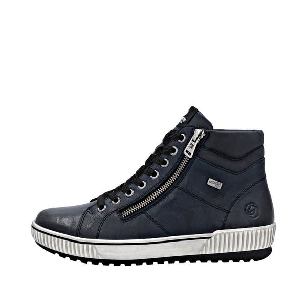 Remonte D0772-15 women's navy leather ankle boots with water resistance, zip and lace-up design, and textured sole.