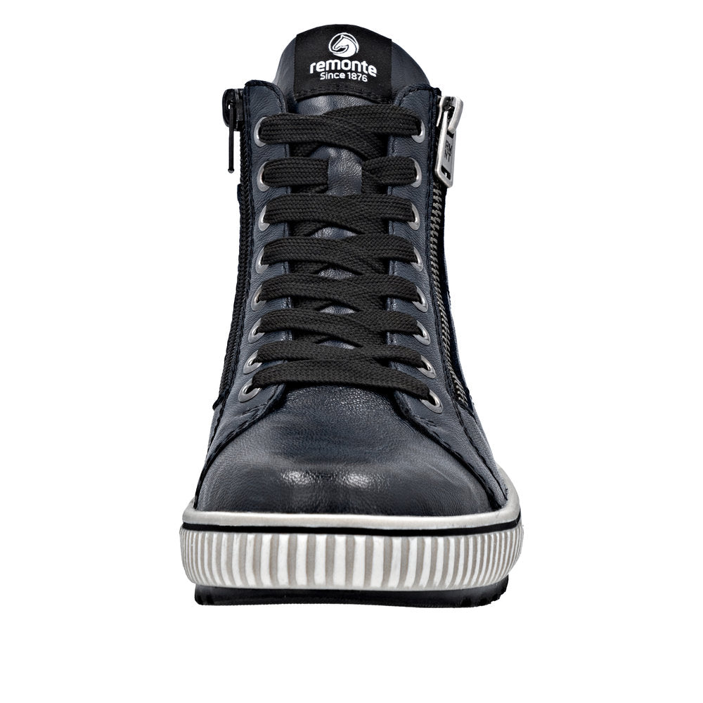 Remonte D0772-15 women's navy leather water-resistant ankle boots with zip and lace closure, stylish and durable footwear.