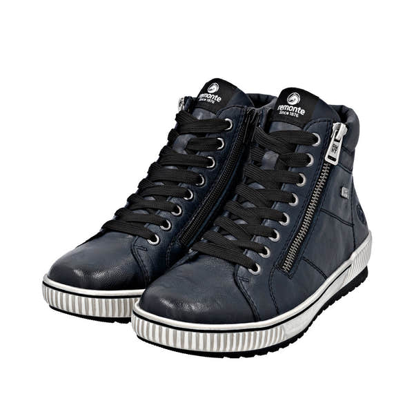 Remonte D0772-15 women's navy leather water-resistant ankle boots with laces, side zipper, and sporty white-striped sole.