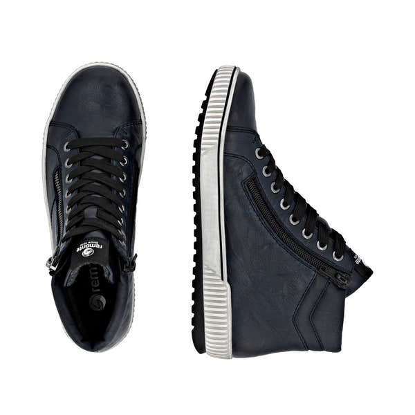 Remonte D0772-15 women's navy leather ankle boots with water resistance, zipper and lace-up design, sporty rubber sole.