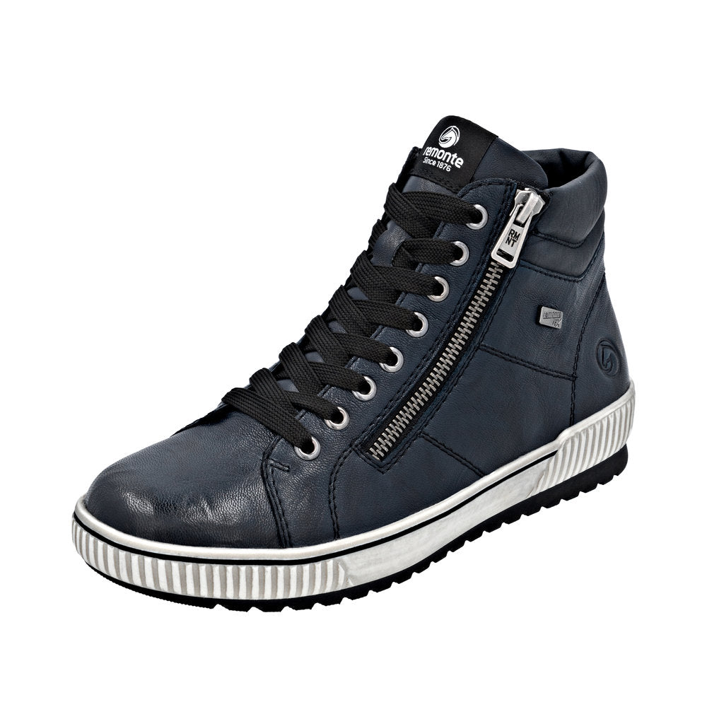 Remonte D0772-15 women's navy leather waterproof ankle boots with zip, lace-up design, and rugged sole.