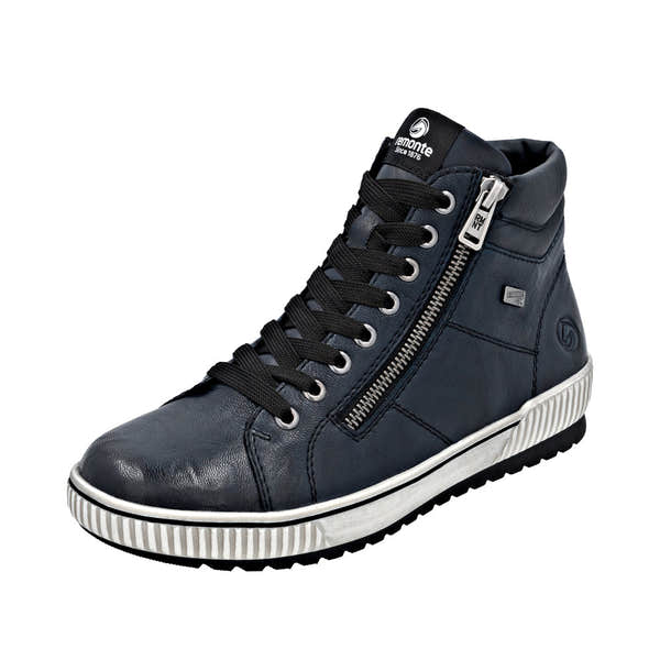 Remonte D0772-15 women's navy leather waterproof ankle boots with zip, lace-up design, and rugged sole.