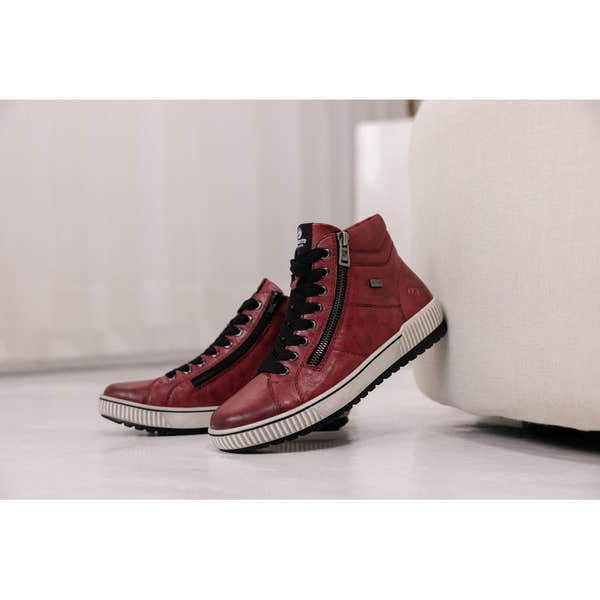 Remonte D0772-36 women's red leather ankle boots with water resistance, side zips, laces, and rugged white soles.