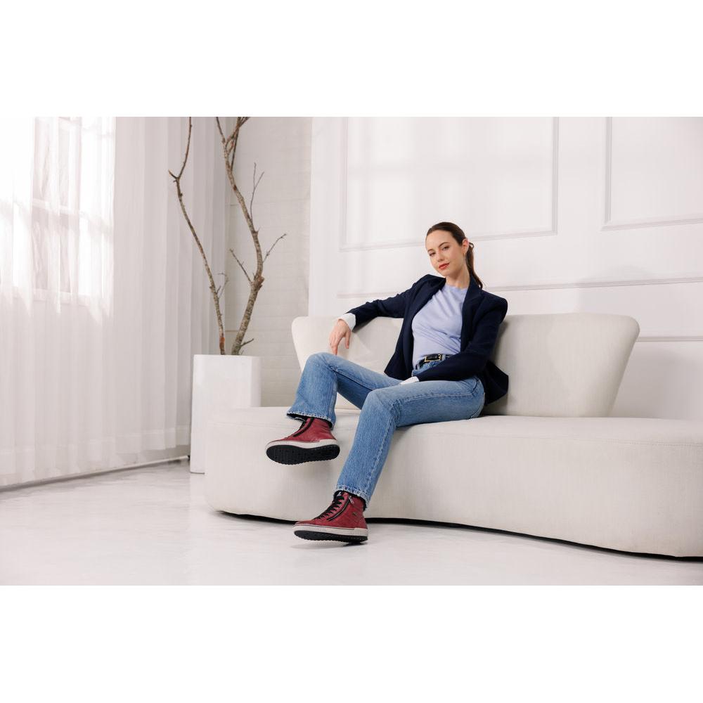 Remonte D0772-36 ladies wide-fit red leather waterproof ankle boots with zip and lace-up closure.