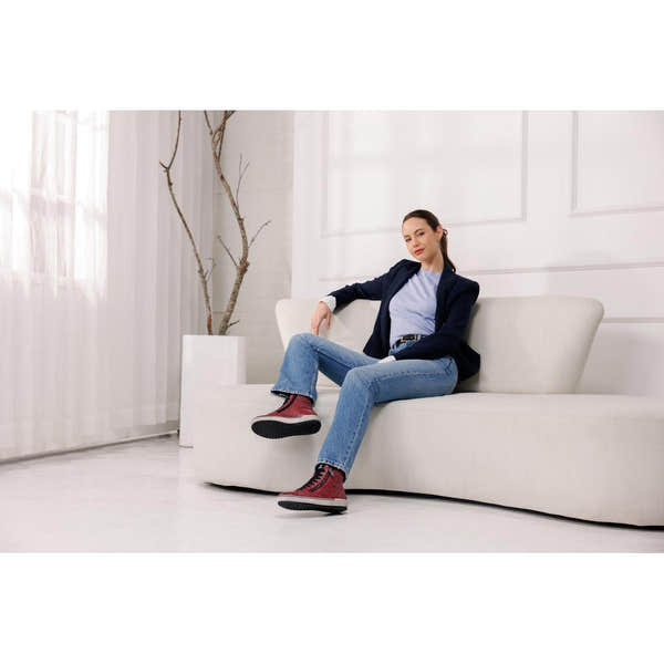 Remonte D0772-36 ladies wide-fit red leather waterproof ankle boots with zip and lace-up closure.