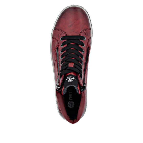 Remonte D0772-36 women's wide red leather ankle boots with water-resistant zip and lace-up design, cushioned interior.