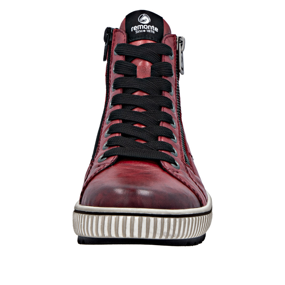 Remonte D0772-36 women's wide red leather ankle boots with water-resistant zip and lace-up front, stylish and durable footwear.
