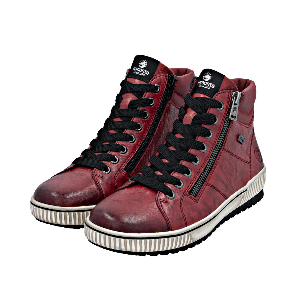 Remonte D0772-36 women's wide fit red leather ankle boots with water resistance, zip and lace-up closure, and striped rubber sole.