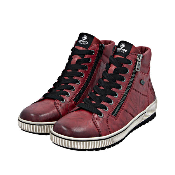 Remonte D0772-36 women's wide fit red leather ankle boots with water resistance, zip and lace-up closure, and striped rubber sole.