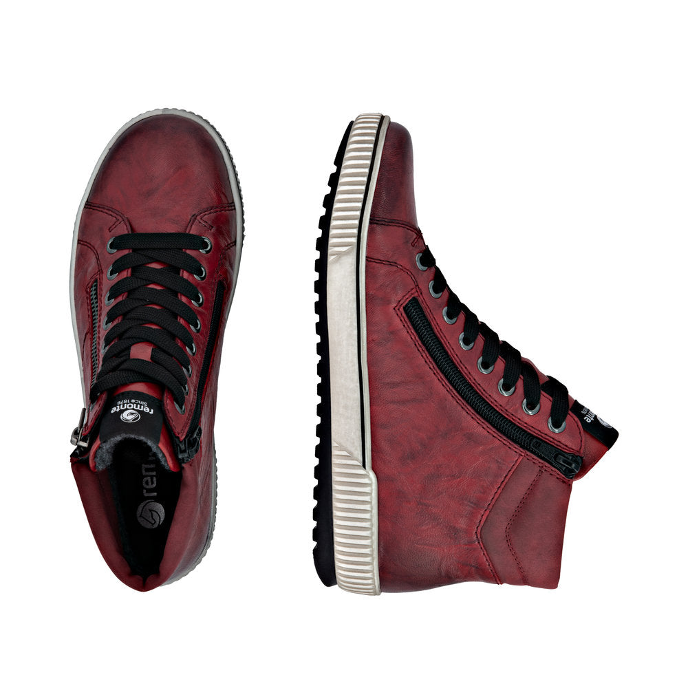 Remonte D0772-36 women's red waterproof leather ankle boots with zip and lace-up closure, water-resistant, stylish design.