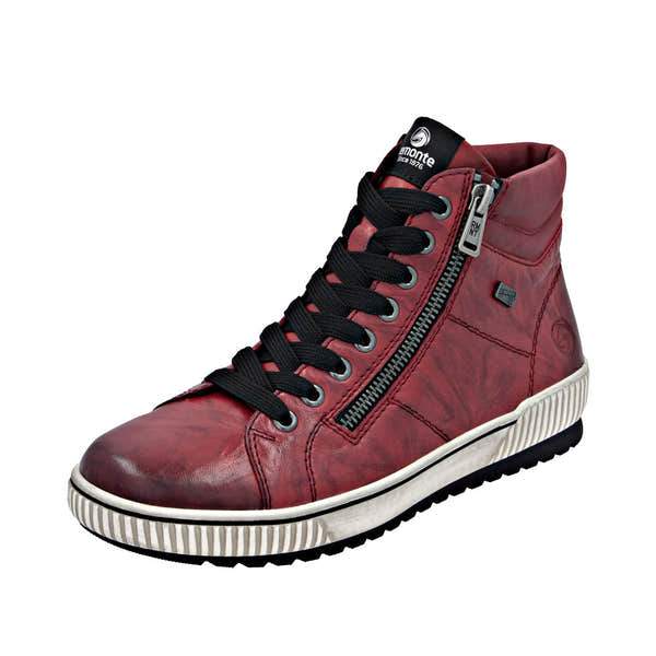 Red leather water-resistant ankle boot for women with zip and lace closure, trendy design, and comfortable sole.