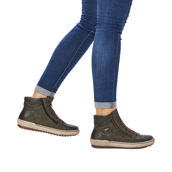 Remonte D0772-52 Ladies Forest Green Leather Water Resistant Zip & Lace Ankle Boots-elevate your sole