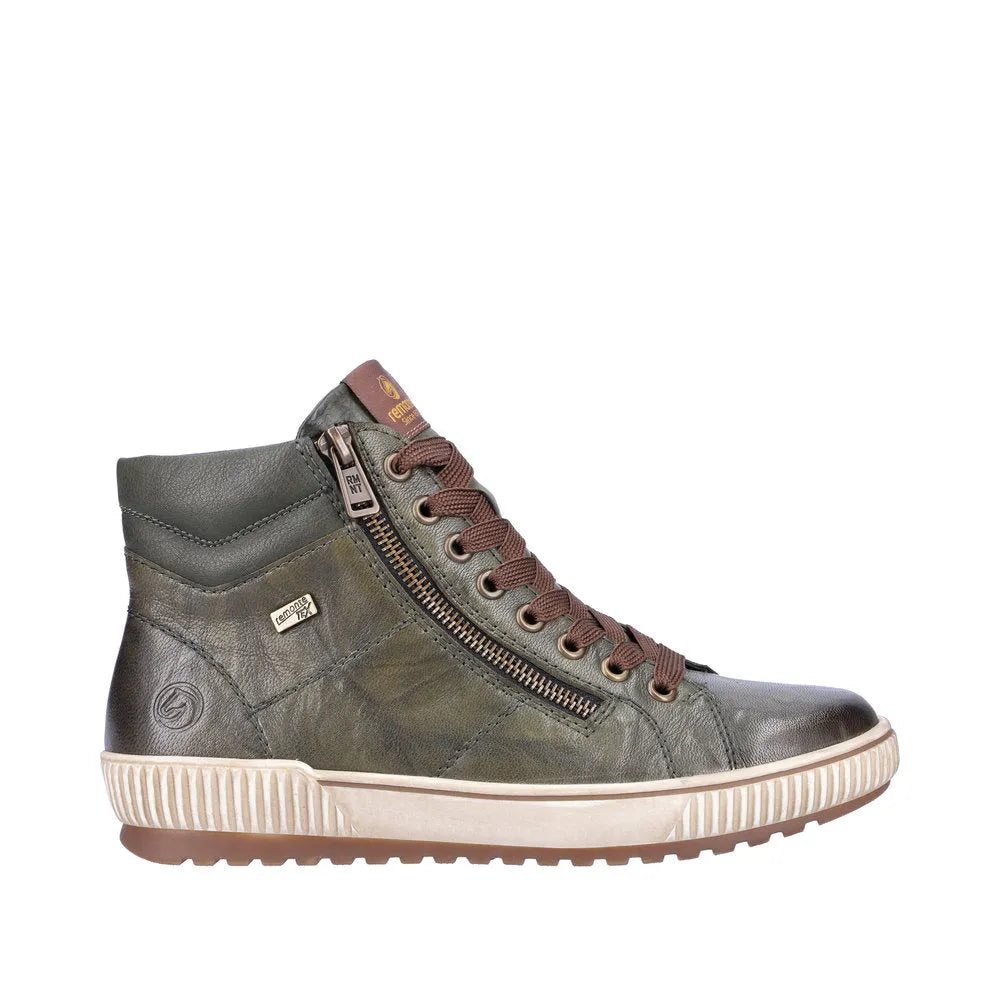 Remonte D0772-52 Ladies Forest Green Leather Water Resistant Zip & Lace Ankle Boots-elevate your sole