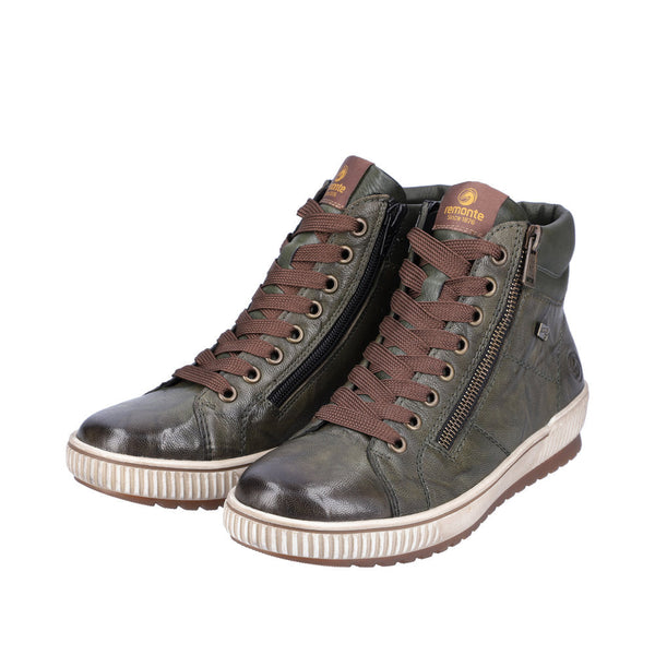 Remonte D0772-52 Ladies Forest Green Leather Water Resistant Zip & Lace Ankle Boots-elevate your sole