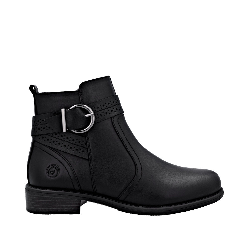 Remonte D0F81-00 women's black leather ankle boots with side zipper and decorative strap with silver buckle.