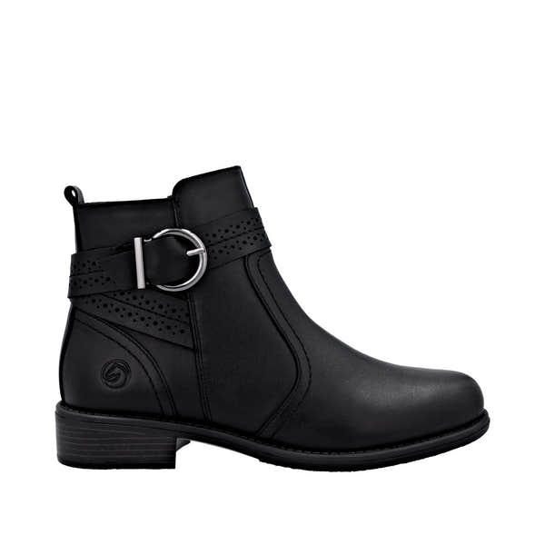 Remonte D0F81-00 women's black leather ankle boots with side zipper and decorative strap with silver buckle.