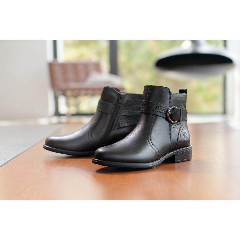 Remonte D0F81-00 women's black leather ankle boots with side zip and decorative strap with buckle.