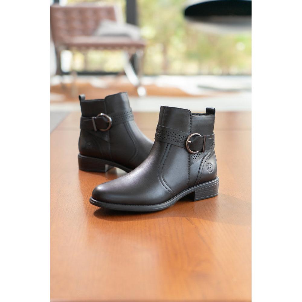 Remonte Ladies Black Leather Side Zip Ankle Boots with decorative buckle, low heel, and stylish design.