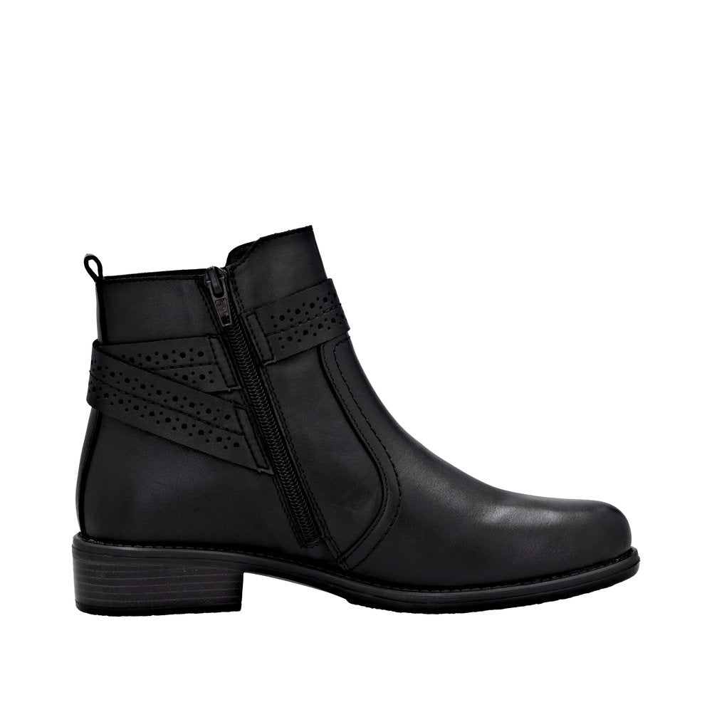 Remonte D0F81-00 women's black leather ankle boots with side zipper, low block heel, and decorative perforated straps.
