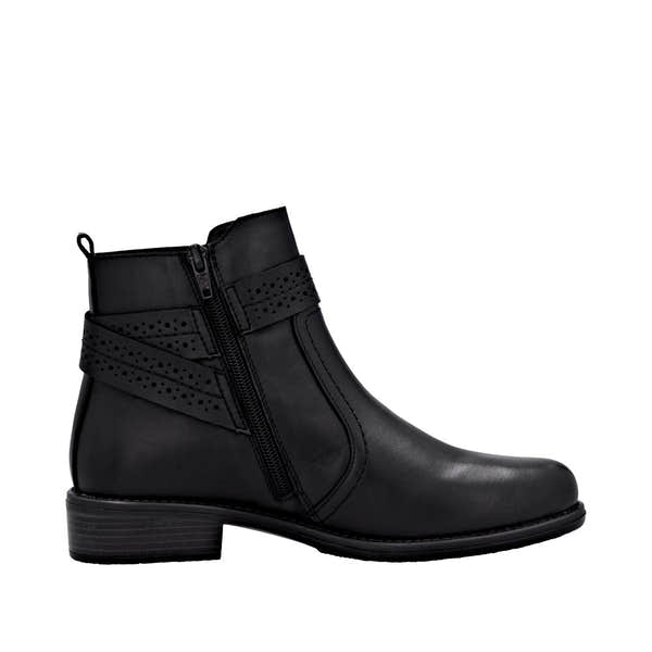 Remonte D0F81-00 women's black leather ankle boots with side zipper, low block heel, and decorative perforated straps.