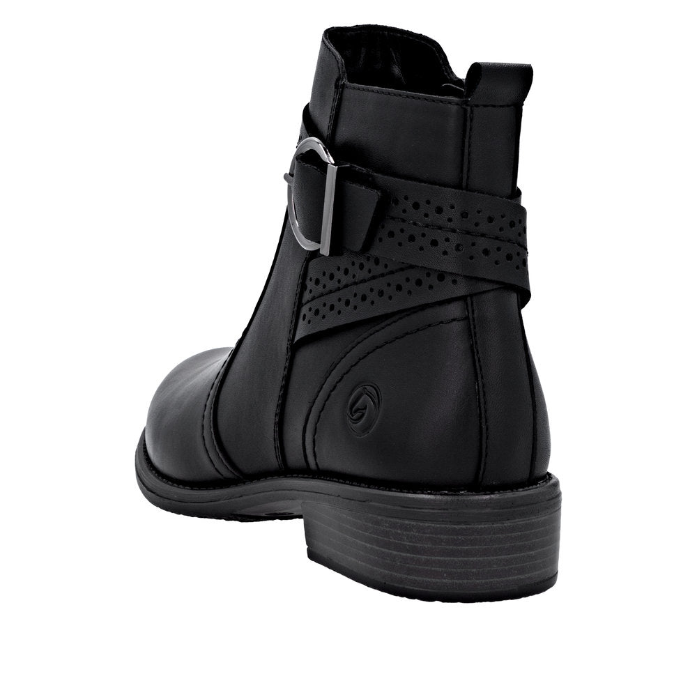 Remonte D0F81-00 women's black leather ankle boot with side zipper and buckle, pointed toe, low block heel, stylish and versatile footwear.